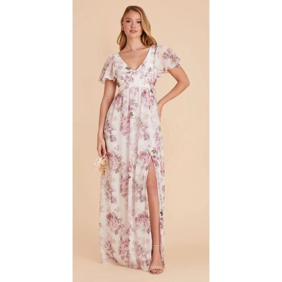Birdy Grey Hannah Empire Dress Chiffon Dusty Pink Peonies Size Large - Picture 1 of 7